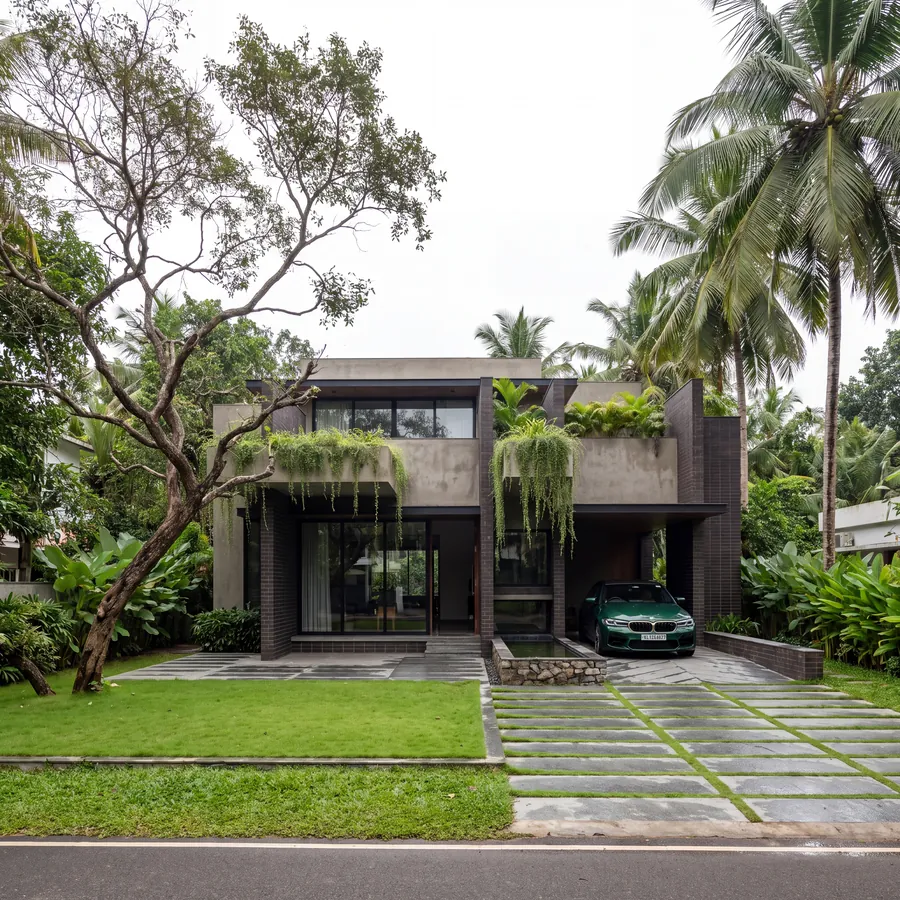 Hanging Garden House by Claycode Architects: concrete house with hanging creepers from first-floor planters