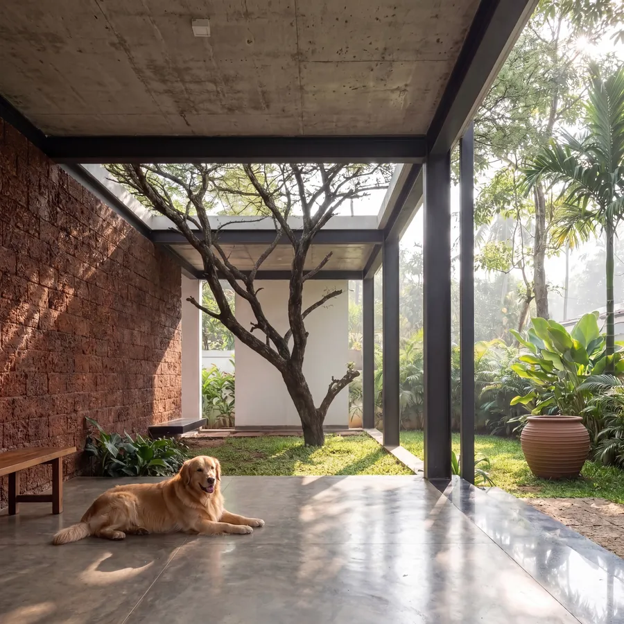 The Courtyard House: concrete verandah with laterite wall and a garden tree under an opening in the roof