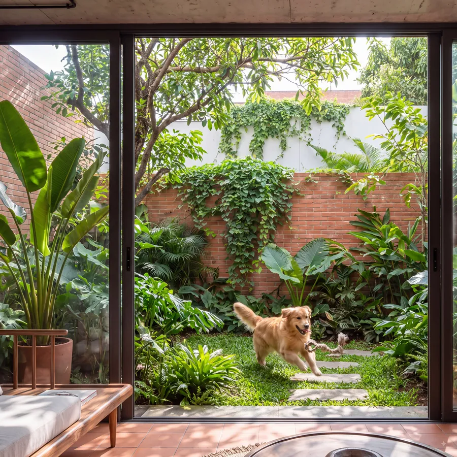 The Courtyard House: walled garden seen through sliding doors from the living room