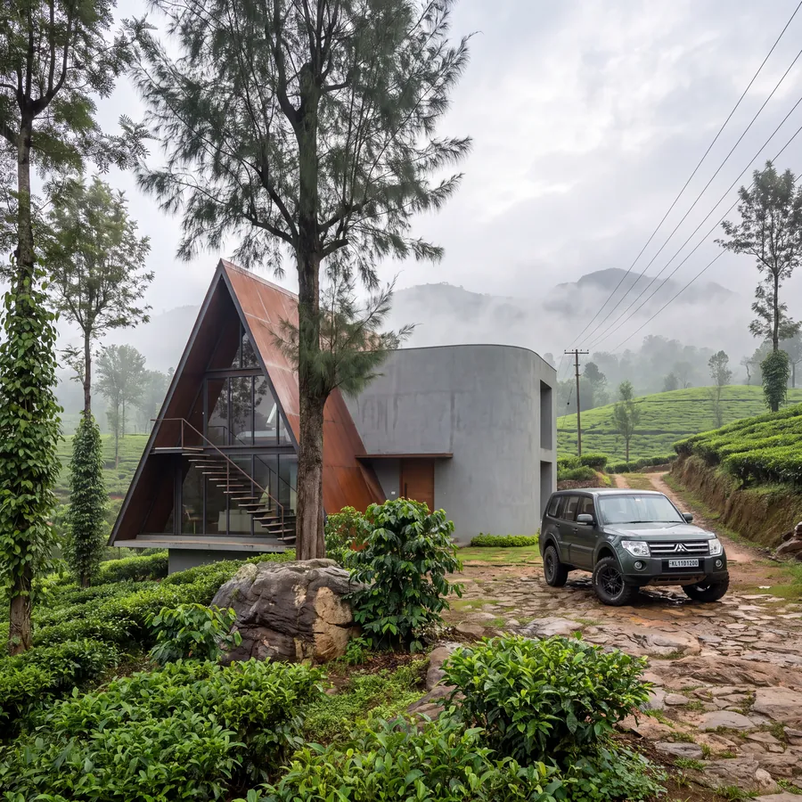 Tea Hills House: A-frame gable and curved rendered drum with stone-paved approach