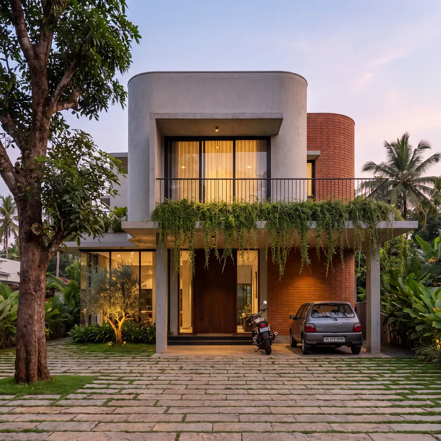 The Brick Drum House by Claycode Architects: rounded plaster facade and brick drum tower at twilight
