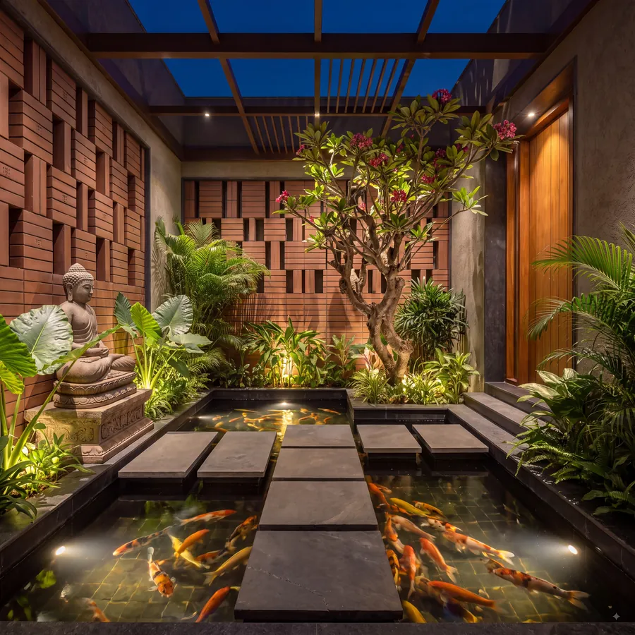 Quiet Courtyards by Claycode Architects: koi pond with stone stepping slabs and brick screen wall at night