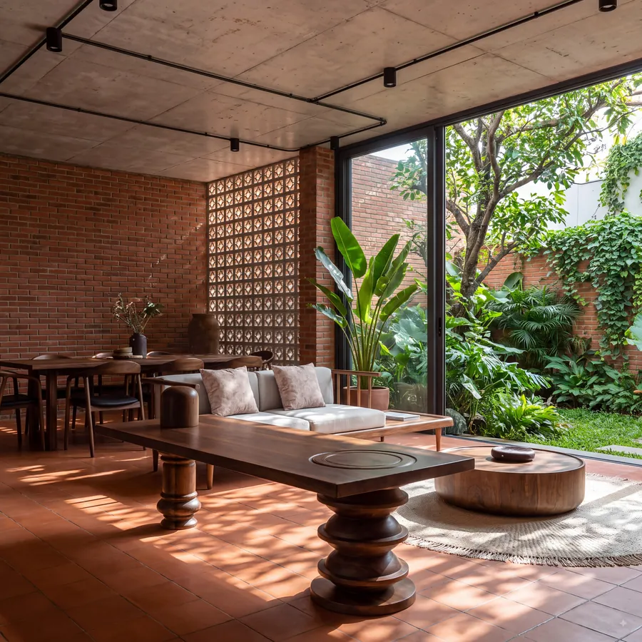 The Courtyard House by Claycode Architects: living and dining room with brick walls, clay jali screen and full-height glazing to the garden