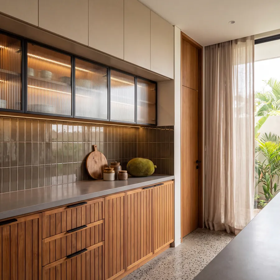 Interiors by Claycode Architects: kitchen with fluted-glass cabinets and green tile backsplash