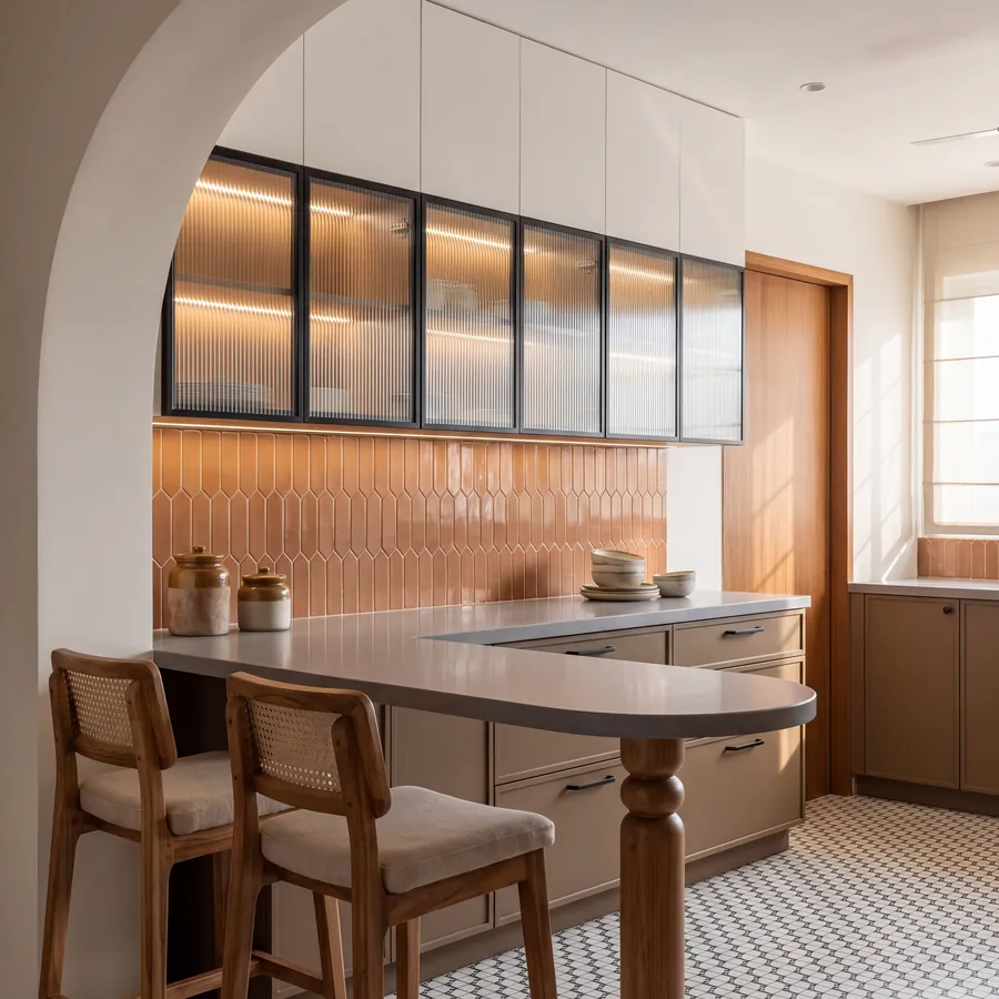 Interiors: kitchen with arched opening, terracotta hexagonal tiles and breakfast counter