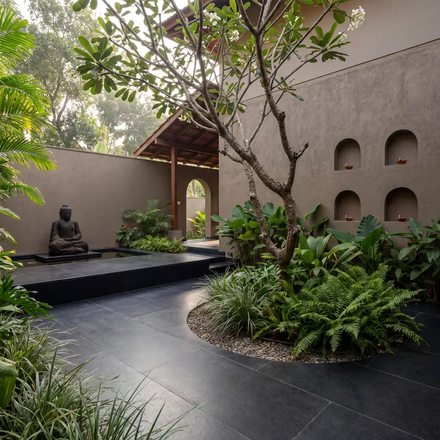 Quiet Courtyards: courtyard with arched niches, frangipani tree and water feature