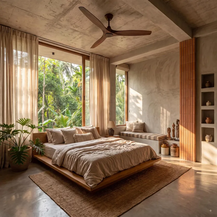 The Courtyard House: bedroom with exposed concrete ceiling, low timber bed and tall window