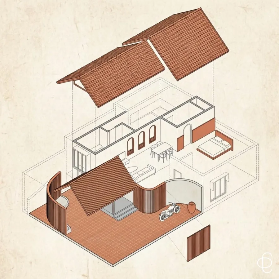 Exploded axonometric drawing of a house by Claycode Architects, with terracotta tiled roofs, arches and a curved timber screen