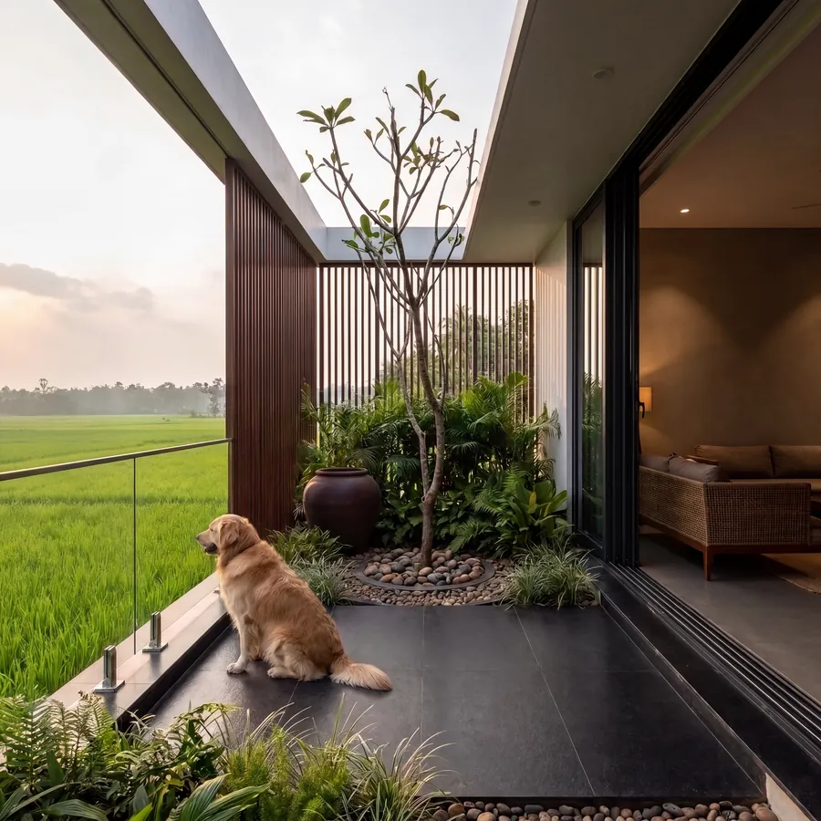 The Courtyard House: terrace court looking out over paddy fields