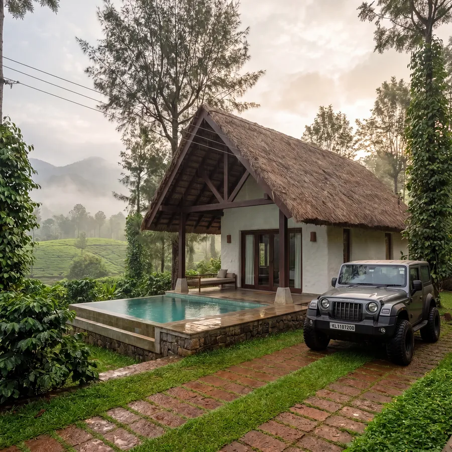 Thatch Cottage by Claycode Architects: thatched cottage with timber verandah and plunge pool